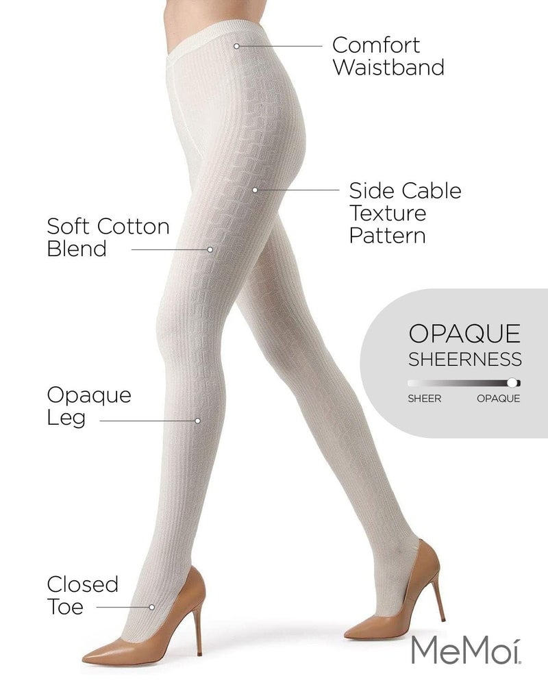 MeMoi Portland Side Cable Knit Cotton Tights for Women, Cozy and Warm Sweater Tights - Sizes Small to X-Large, Winter White, L-XL - Image 3